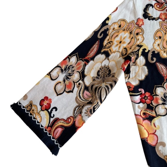 Chicos 2 Linen Blend Floral Fringe Long Cardigan Women's US L Lagenlook Boho - Picture 10 of 16